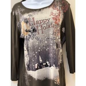 Vintage Happy Holidays 3/4 Sleeve Cotton top with Sequins (XL)